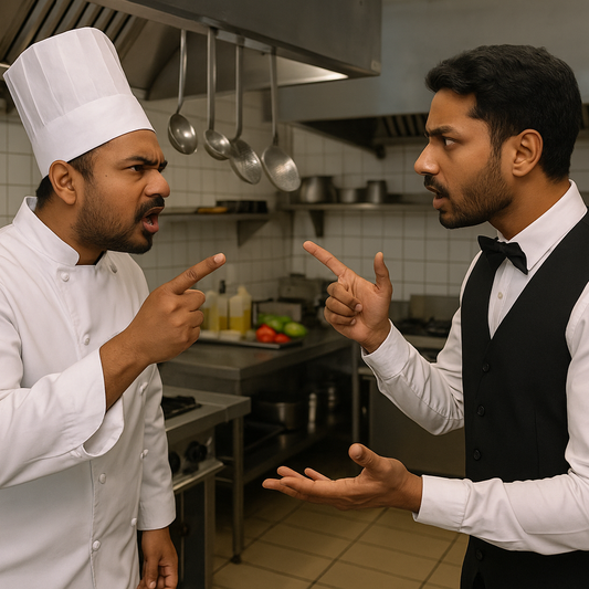 Two individuals in a kitchen, one in a chef's uniform and the other in formal attire, engaged in a conversation.