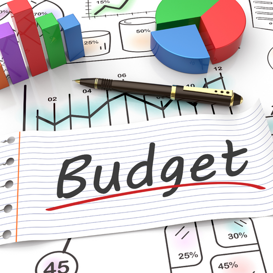 Budget planning materials including charts, graphs, and a pen on a white background.