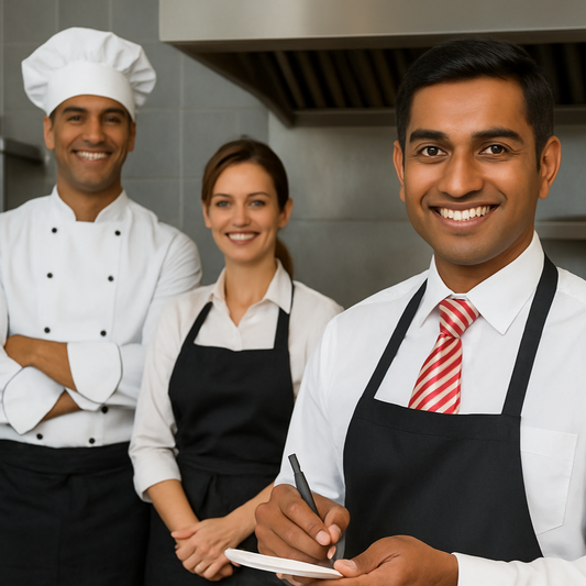 Three chefs in a kitchen, with one holding a notepad.